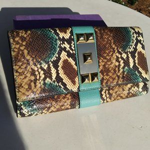Vince Camuto Turquoise and Snake Print Leather Clutch Bag